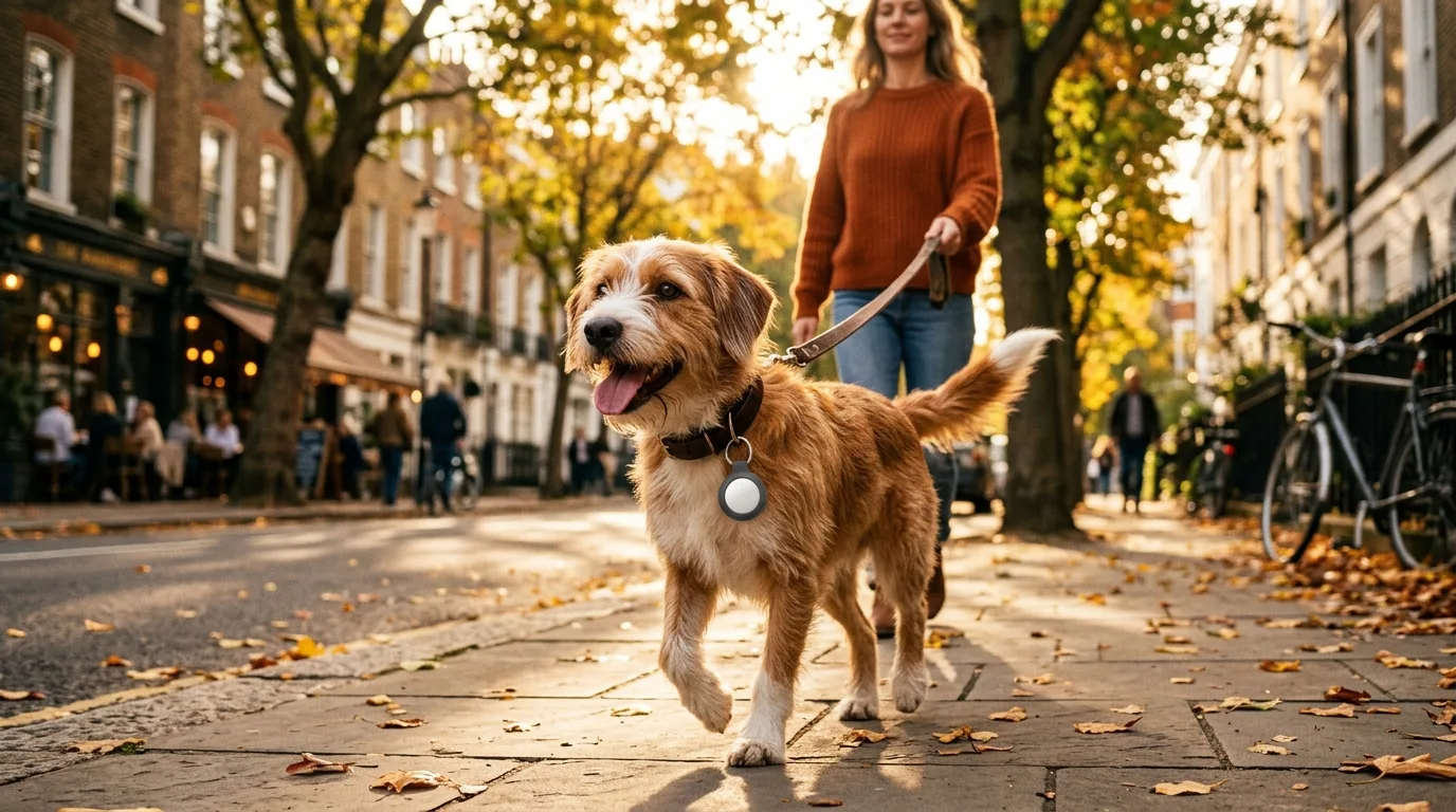 Hund mit Apple AirTag-Halterung am Halsband auf einem Stadtspaziergang