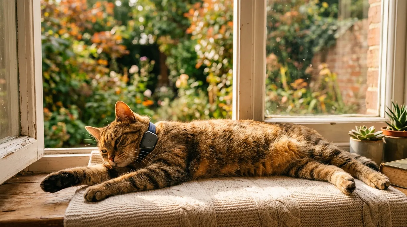 Tabby-Katze mit Aktivitätstracker am Halsband streckt sich im Nachmittagssonnenlicht auf der Fensterbank
