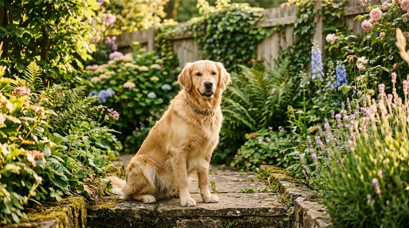 Ruhig sitzender Hund im sonnigen Garten – Bellprobleme lösen ohne Strafmethoden