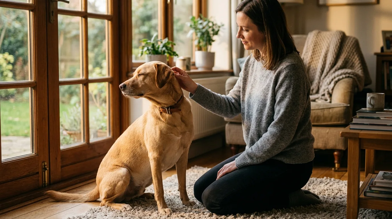 Ruhiger Hund sitzt mit seinem Halter am sonnigen Wohnzimmerfenster
