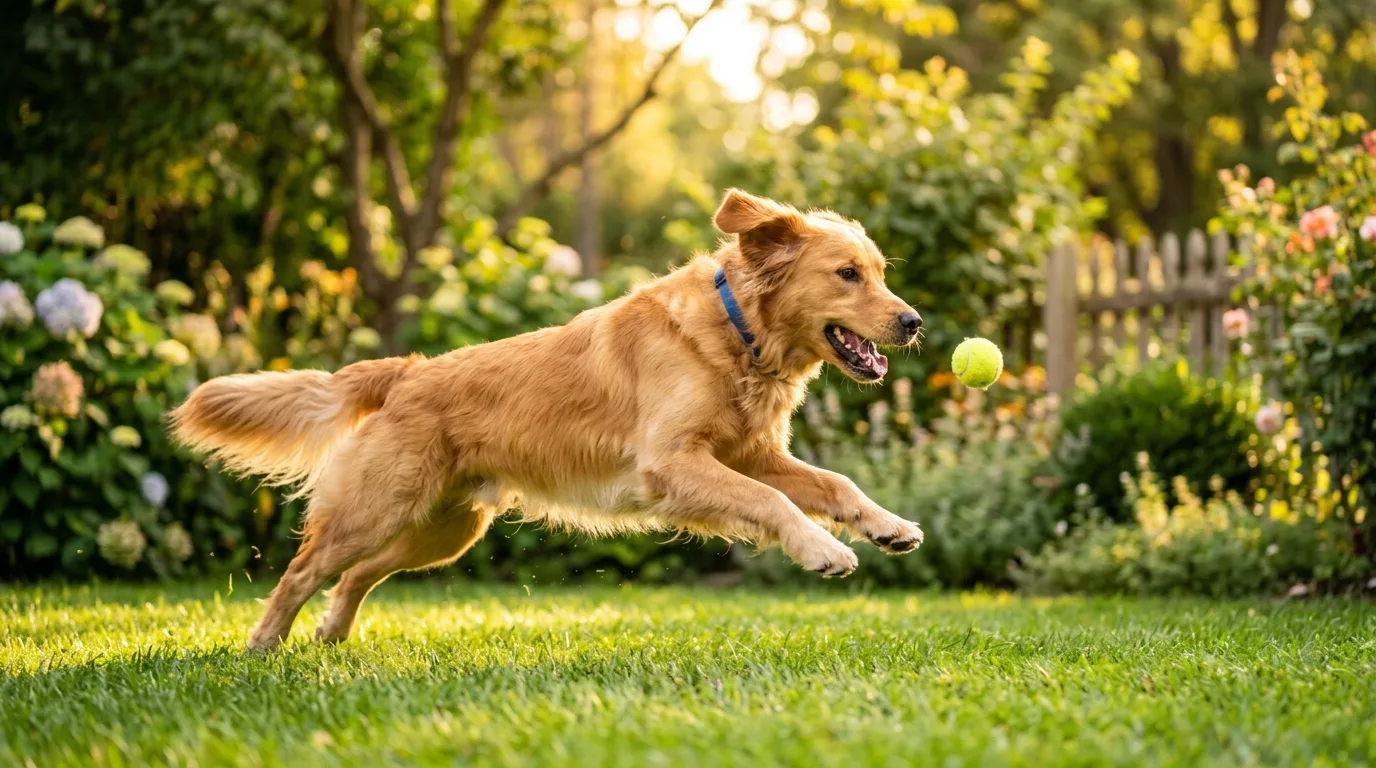 Golden Retriever springt freudig einem Ball entgegen im sonnigen Garten