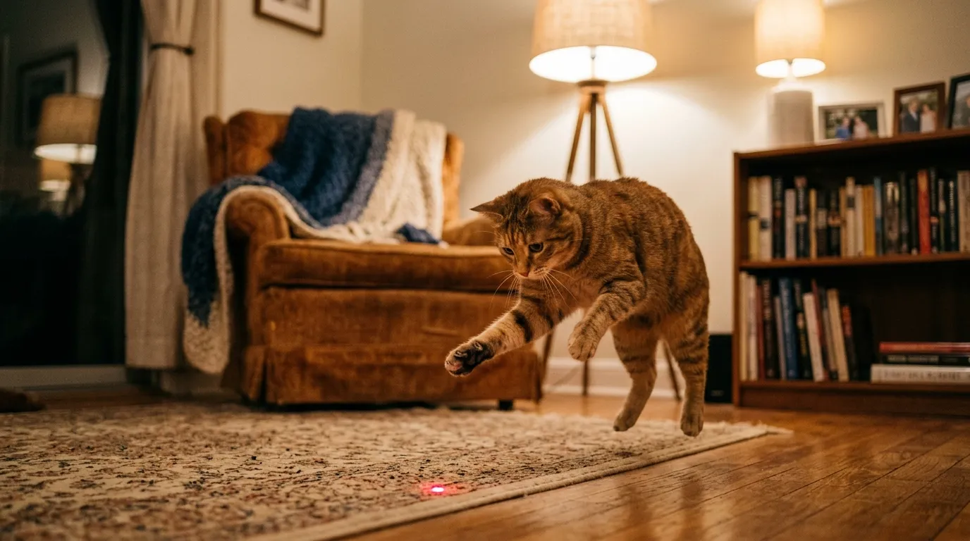 Katze springt verspielt nach einem Laserstrahl im warmen Wohnzimmerlicht