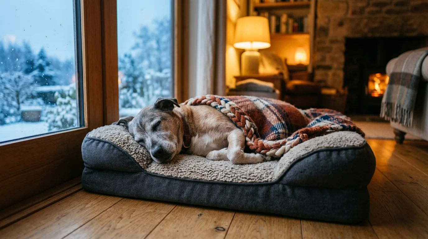 Älterer Hund schläft eingerollt in einem warmen, gepolsterten Hundebett an einem Wintertag