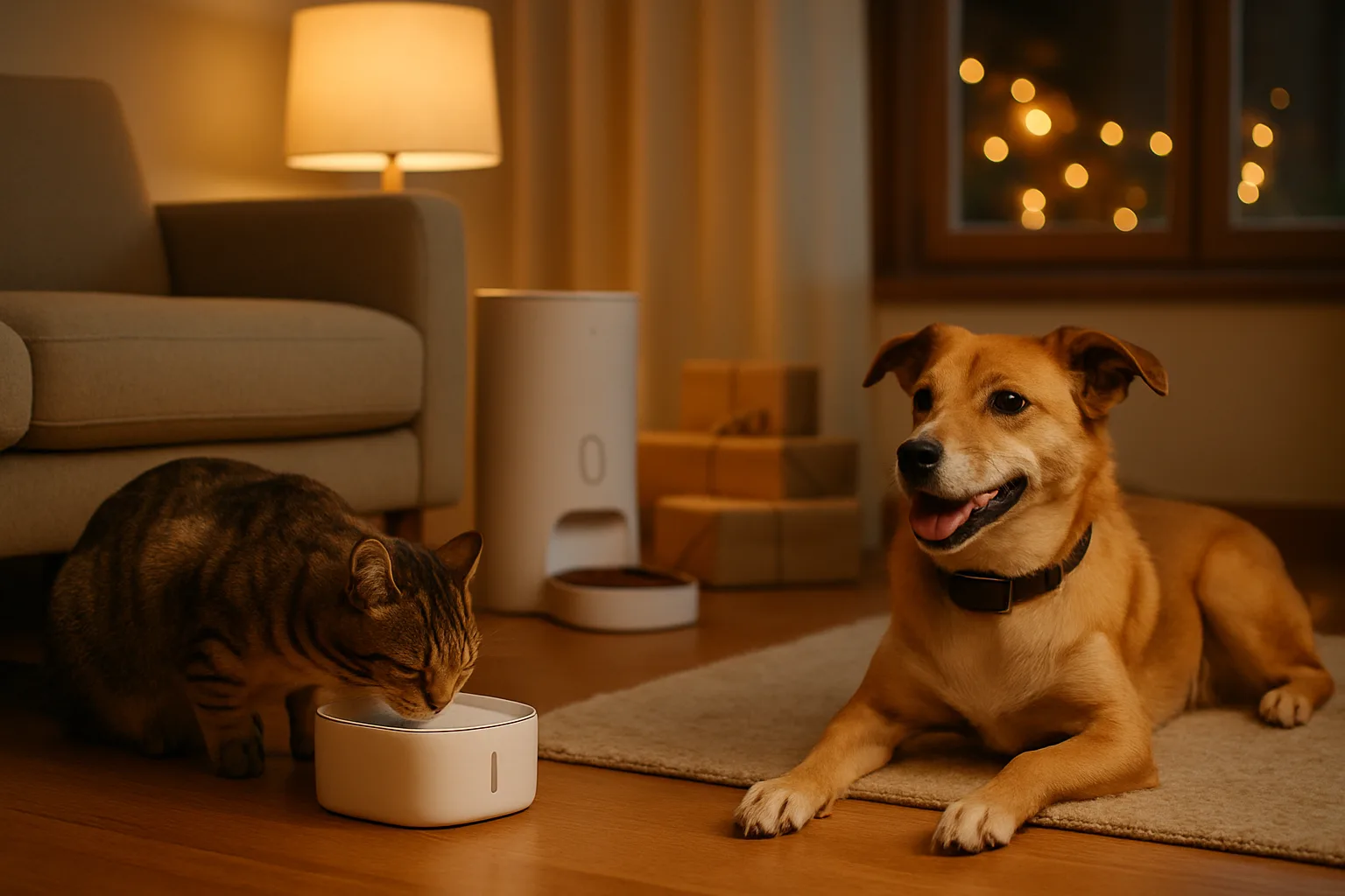 Katze trinkt am smarten Trinkbrunnen, daneben Futterautomat und ein entspannter Hund mit Halsband im herbstlichen Wohnzimmer