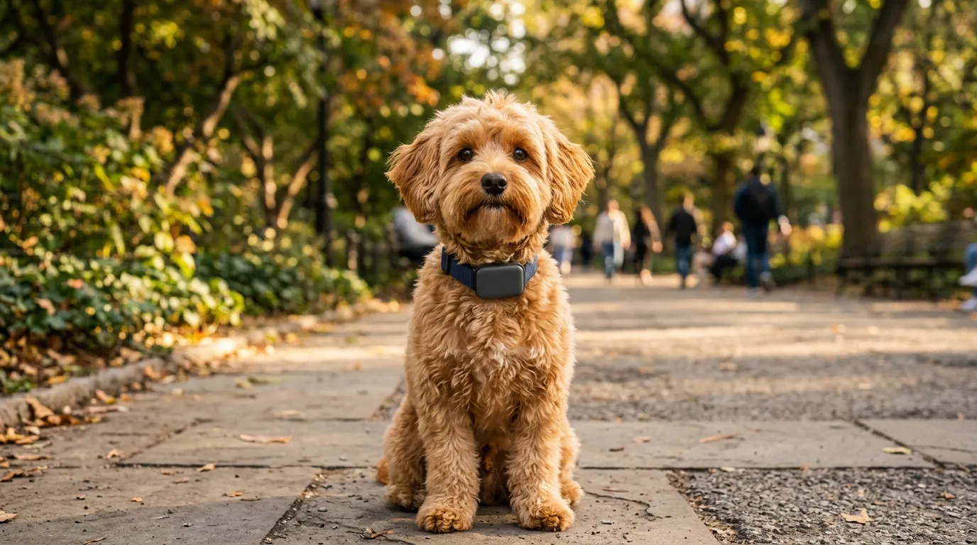 Kleiner Hund mit Bluetooth-Tracker am Halsband sitzt wachsam im Stadtpark
