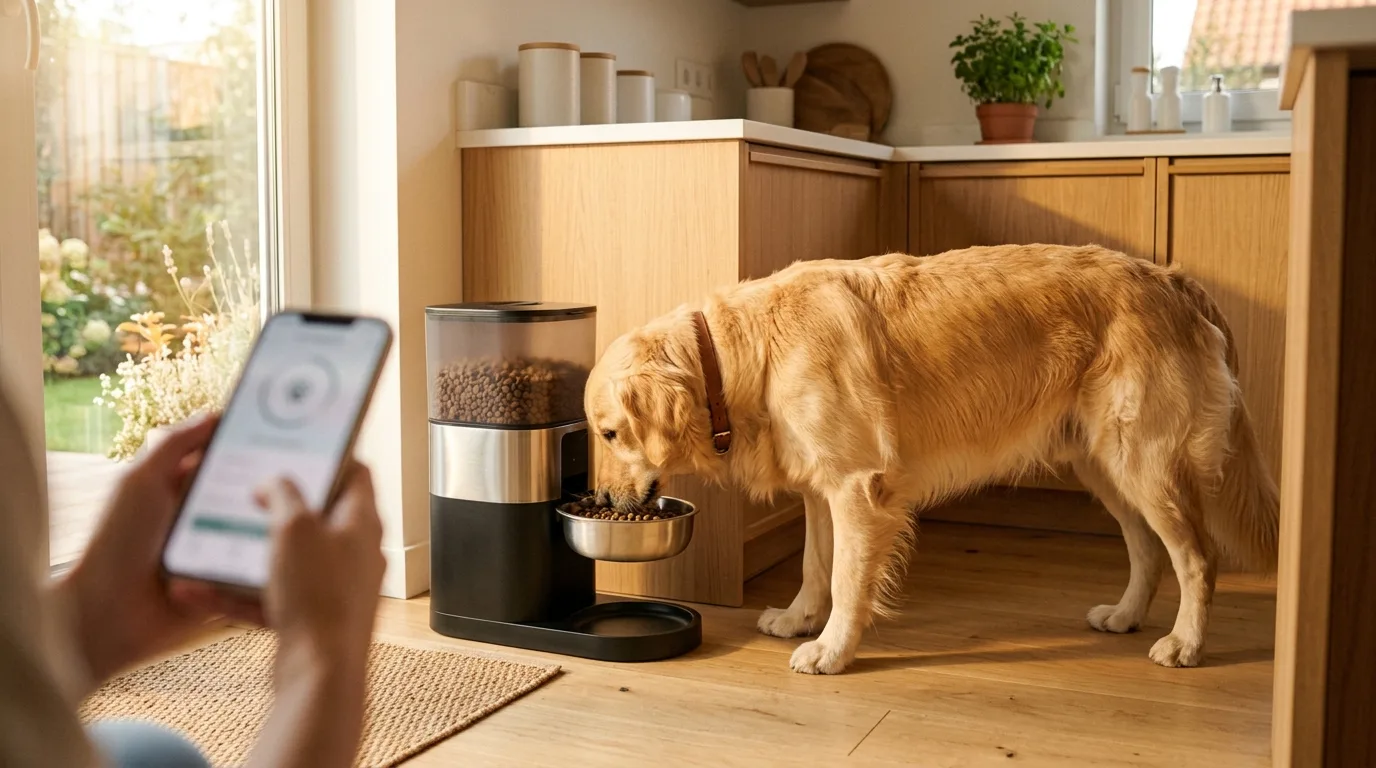 Großer Hund frisst aus intelligenter Futterbox, Smartphone-App zeigt Fütterungsplan