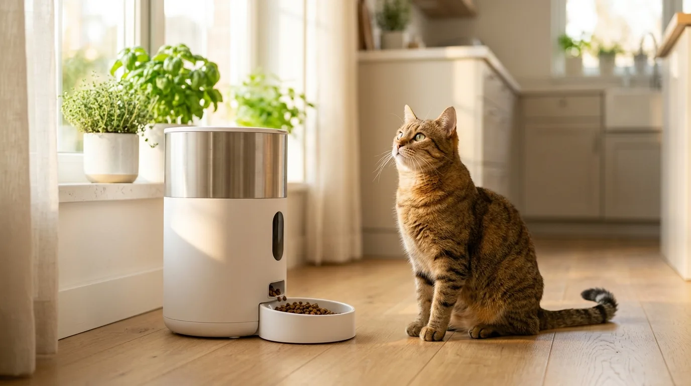 Getigerte Katze sitzt vor einem modernen smarten Futterautomaten auf hellem Küchenuntergrund