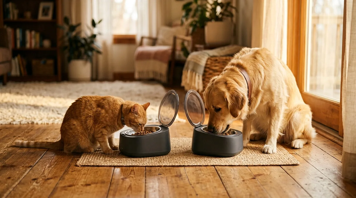 Katze und Hund fressen nebeneinander aus zwei separaten smarten Futterautomaten auf Holzdielen