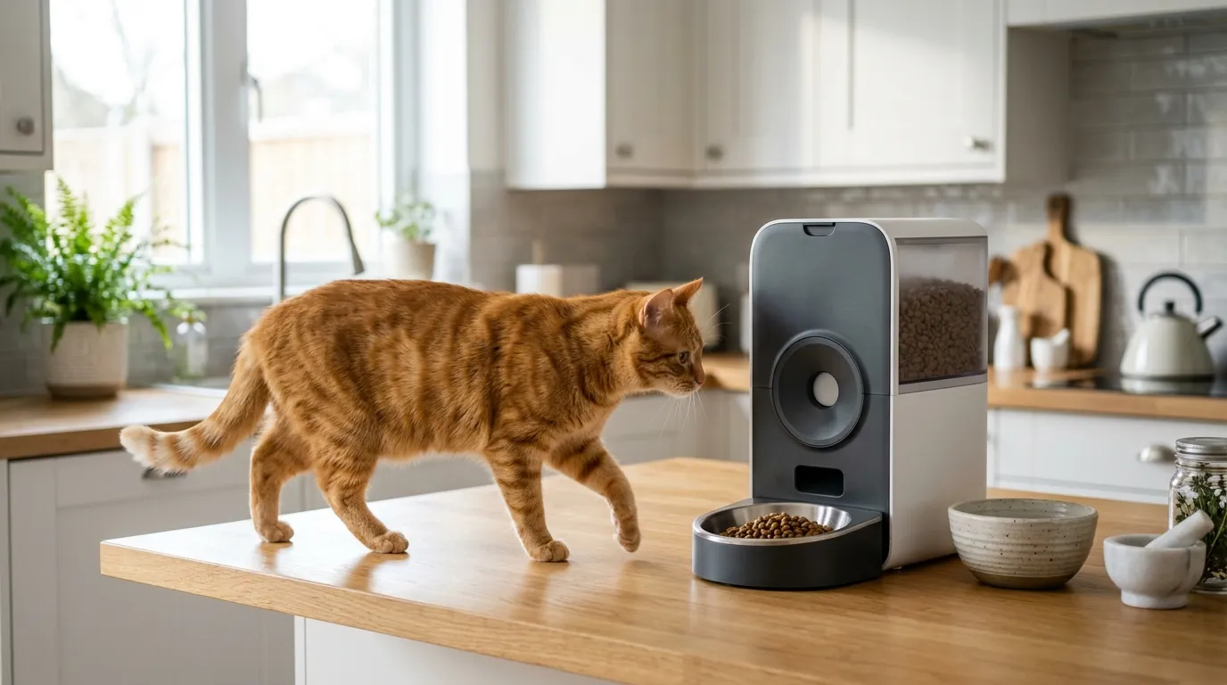Orangefarbene Katze nähert sich einem modernen Nassfutter-Automaten in heller Küche