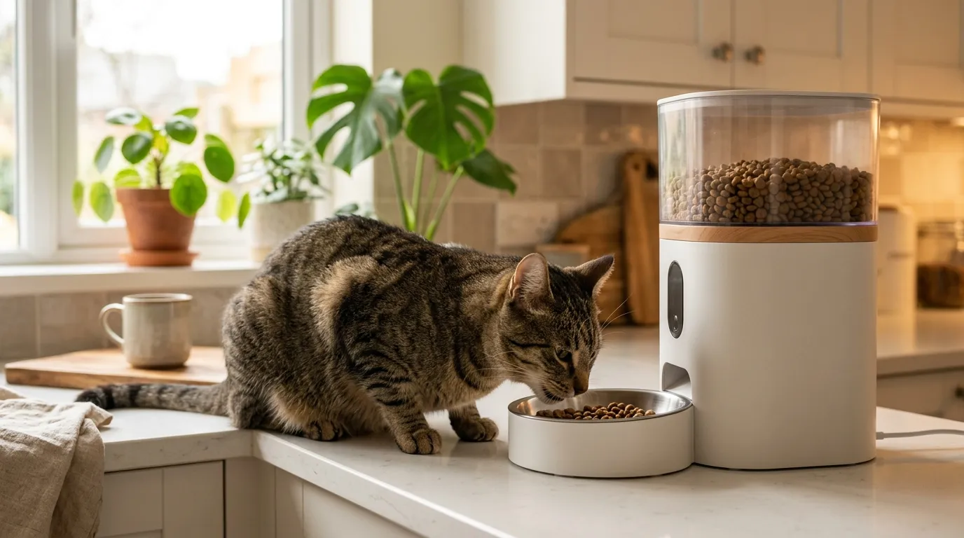 Tabby-Katze frisst zufrieden aus einem modernen automatischen Trockenfutter-Dispenser
