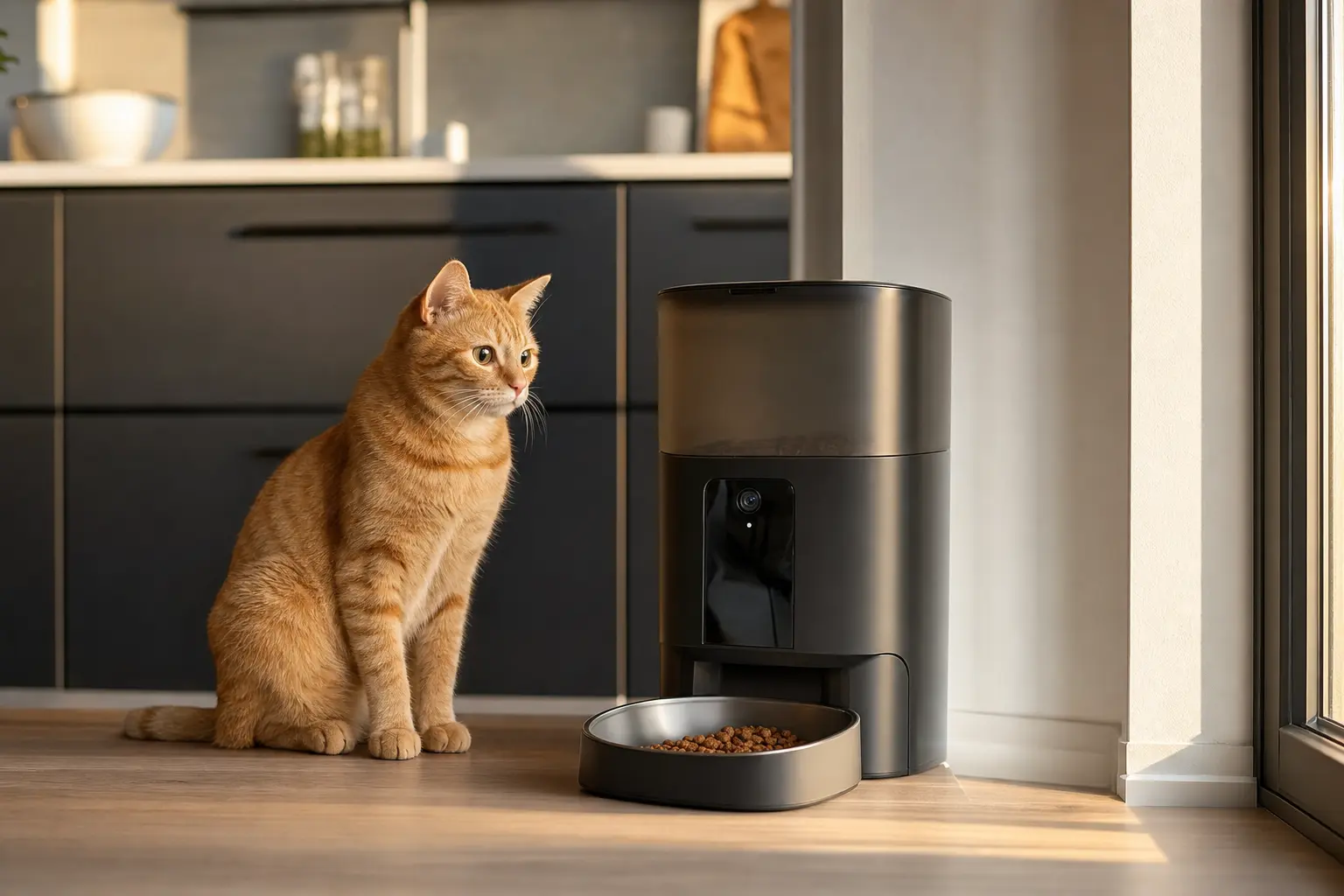 Katze sitzt neugierig neben einem modernen Futterautomaten mit Kamera in heller Küche