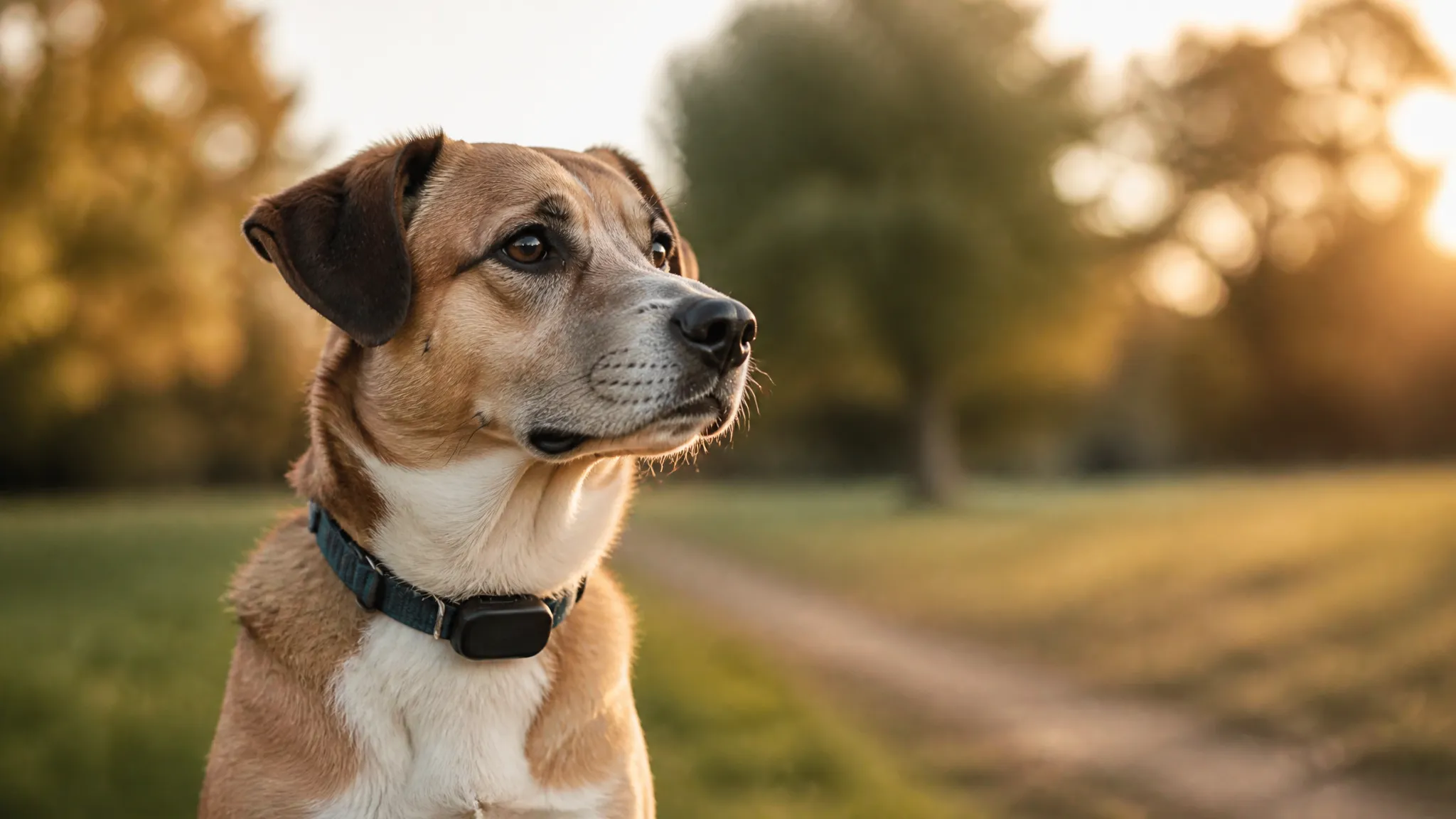 Hund mit GPS-Tracker am Halsband beim Spaziergang im Freien