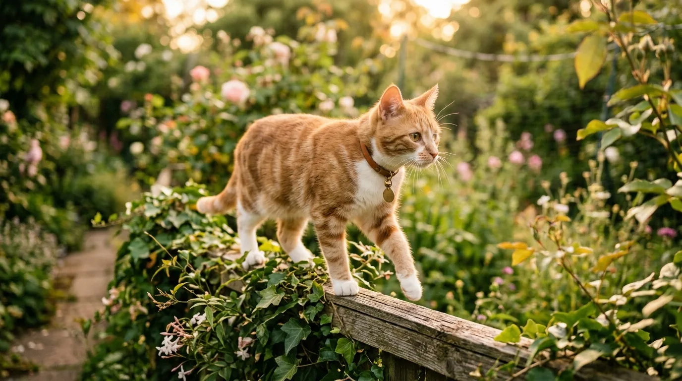 Junge Katze mit leichtem Tracker am Halsband erkundet einen Gartenzaun im Abendlicht