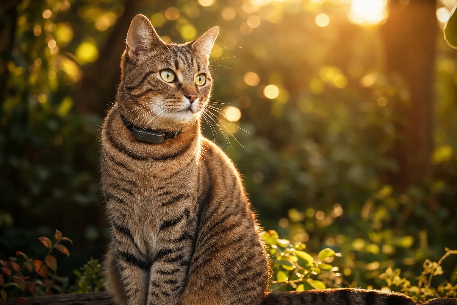 Tabby-Katze mit GPS-Tracker am Halsband sitzt im Garten bei goldenem Abendlicht