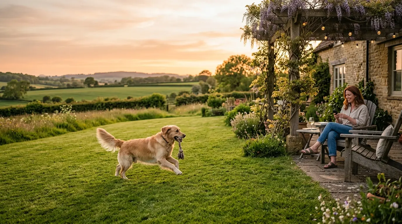 Hund spielt auf einer offenen Wiese ohne Zaun, Halter mit Smartphone auf der Terrasse