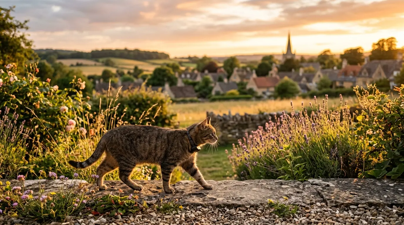 Freigänger-Katze mit Tracker-Halsband am Rand eines Gartens bei Sonnenuntergang