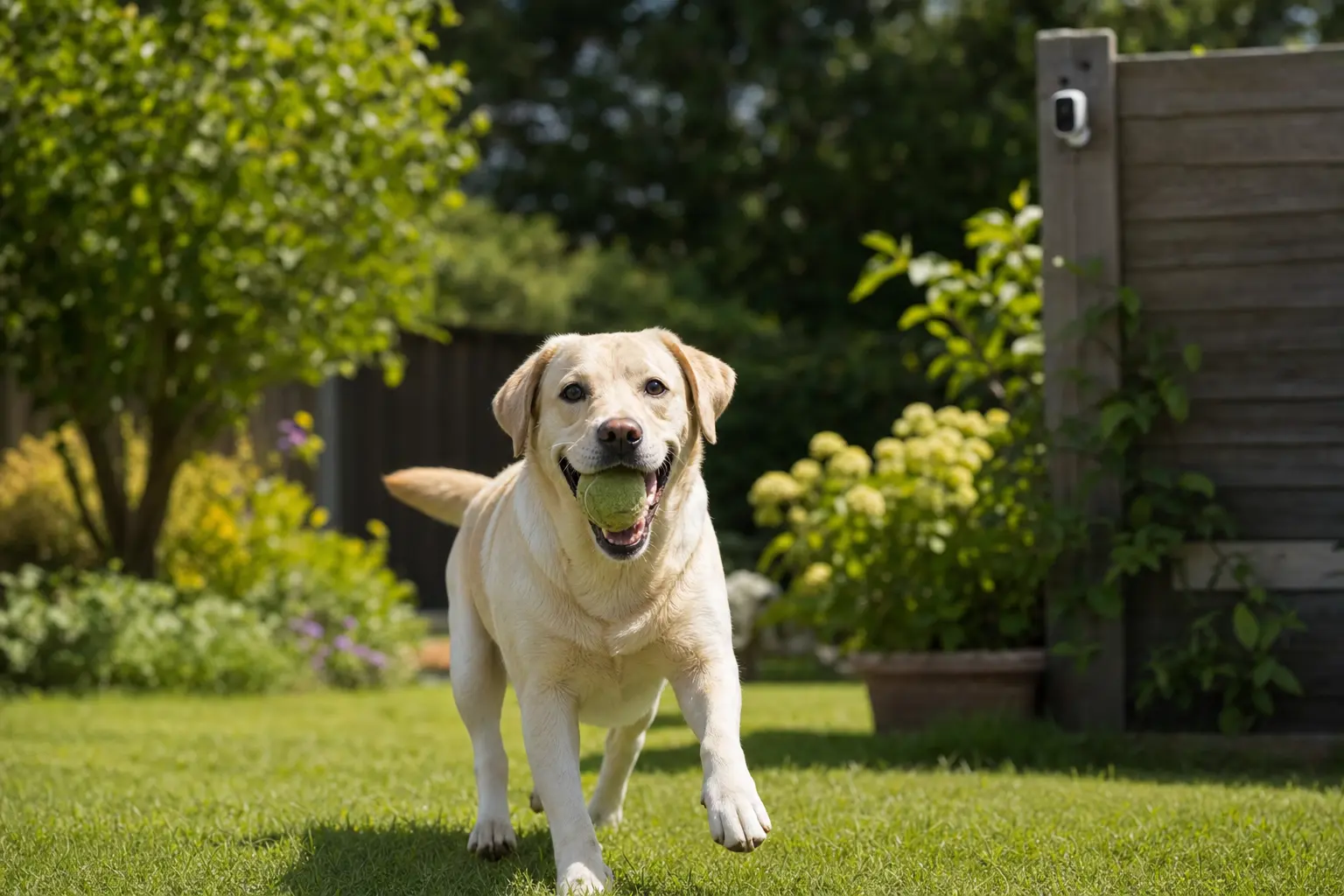Labrador spielt im sonnigen Garten, Außen-Überwachungskamera dezent an Zaunpfahl montiert