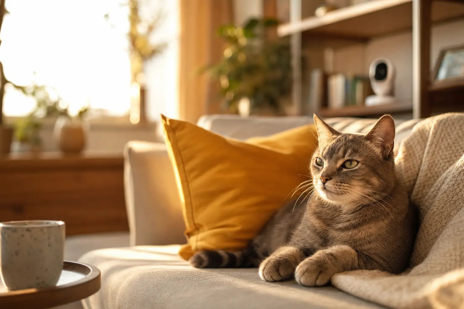 Katze entspannt auf dem Sofa, dezente Indoor-Haustier-Kamera im Hintergrund auf Regal
