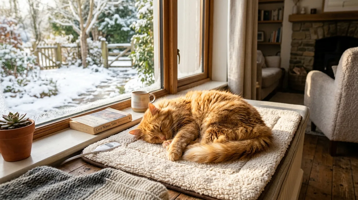 Ingwer-Katze liegt behaglich zusammengerollt auf einer weichen Haustier-Heizmatte am Fenster