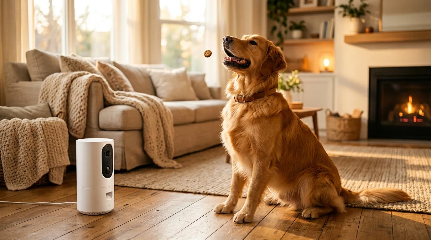 Golden Retriever schaut gespannt auf eine weiße Hundekamera mit Leckerli-Spender auf dem Wohnzimmerboden