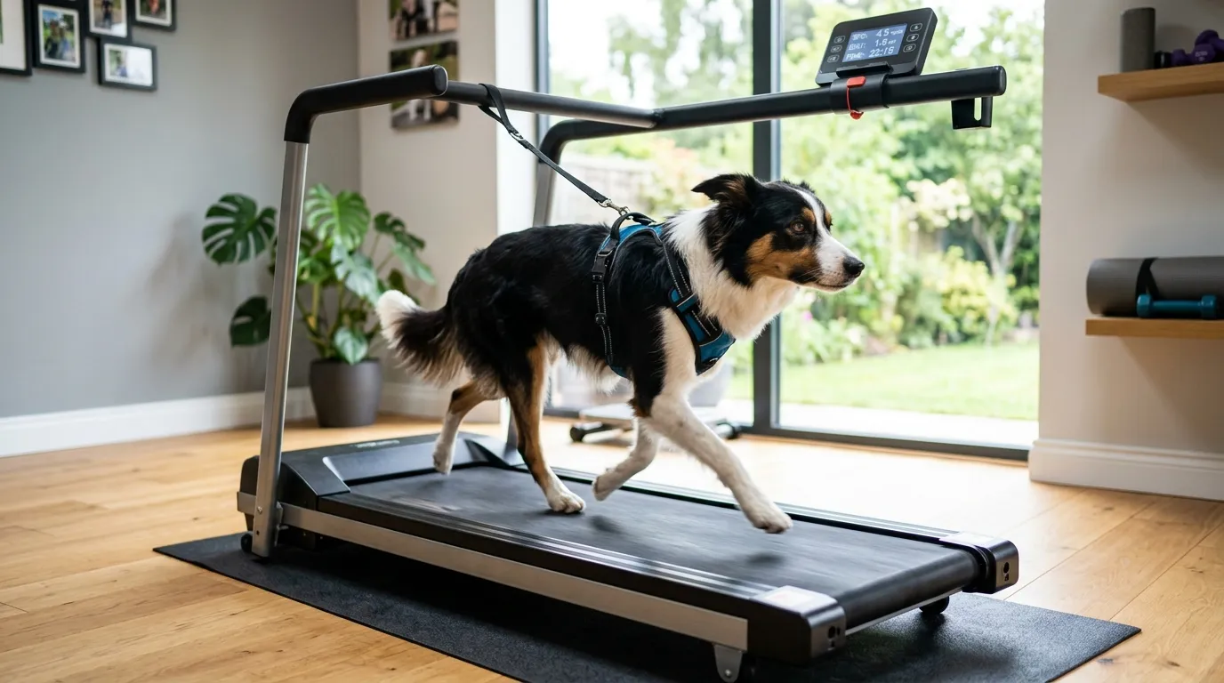 Athletischer Border Collie trainiert zuversichtlich auf einem Hundelaufband in hellem Zimmer