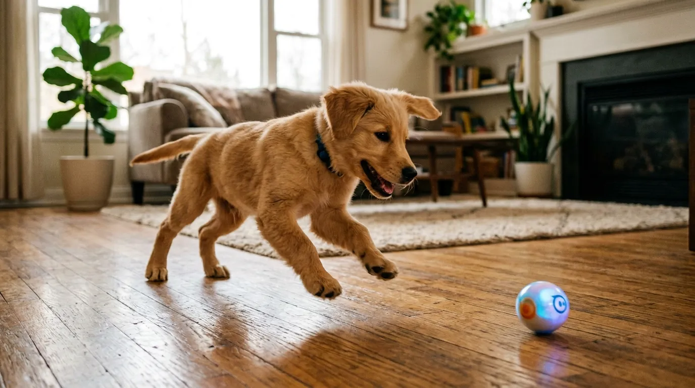 Hund spielt neugierig mit einem selbstbewegenden Ball auf Parkettboden im hellen Wohnzimmer