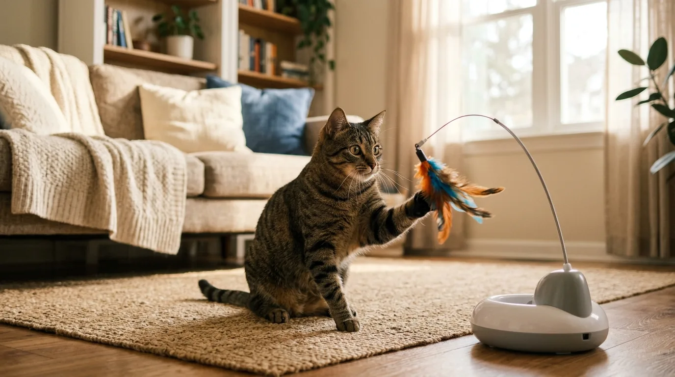 Tabby-Katze spielt konzentriert mit einem automatischen Federspielzeug im warmen Wohnzimmer