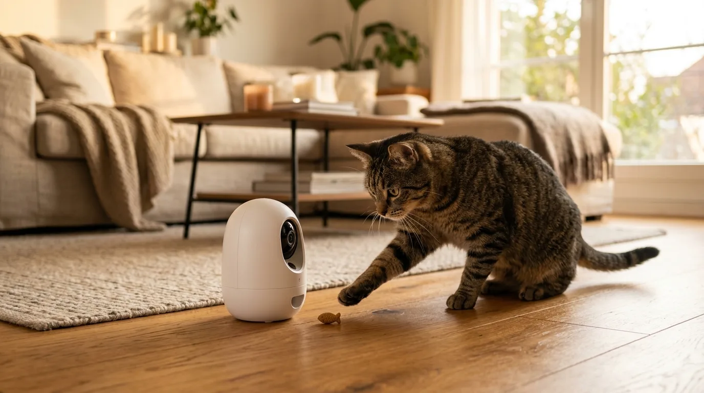 Neugierige Katze vor einer weißen Kamera mit Leckerli-Spender im Wohnzimmer