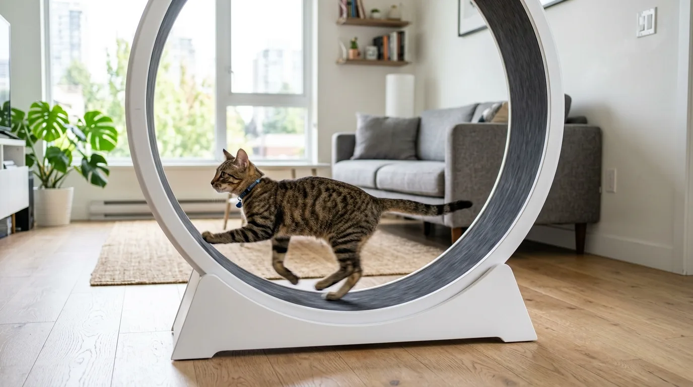 Junge agile Katze läuft auf einem weißen Katzenlaufrad in heller Wohnung