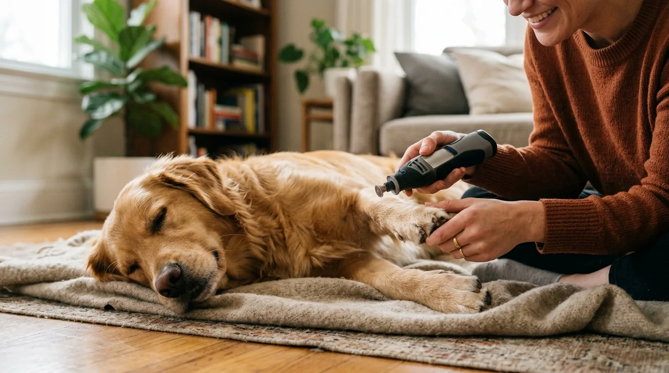 Ruhiger Hund lässt seine Krallen mit einem elektrischen Krallenschleifer pflegen