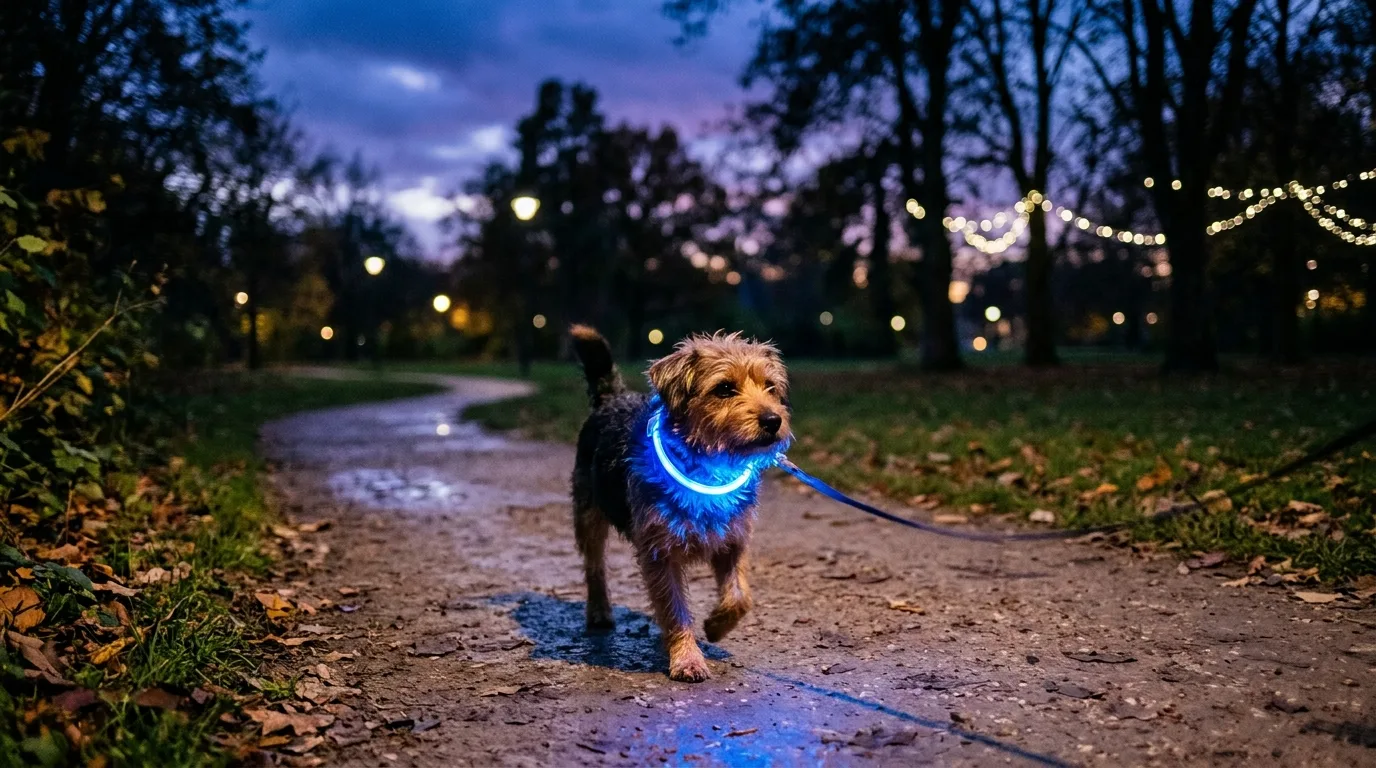 Kleiner Hund mit leuchtendem LED-Halsband bei einem abendlichen Spaziergang im Park