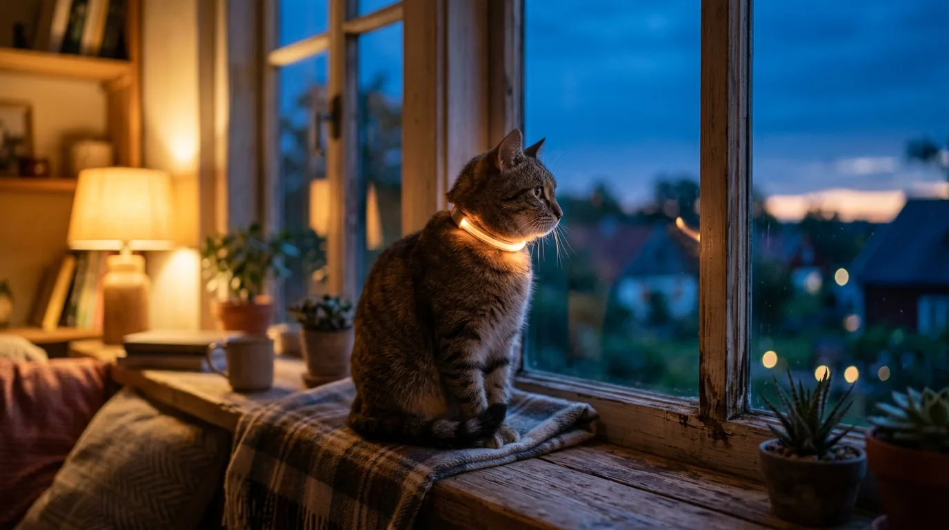 Katze mit leuchtendem LED-Halsband sitzt nachts am Fenster