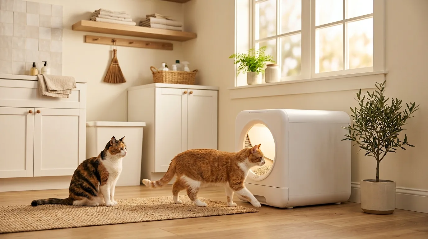 Zwei Katzen neben einer automatischen, geschlossenen Katzentoilette in einem hellen Raum