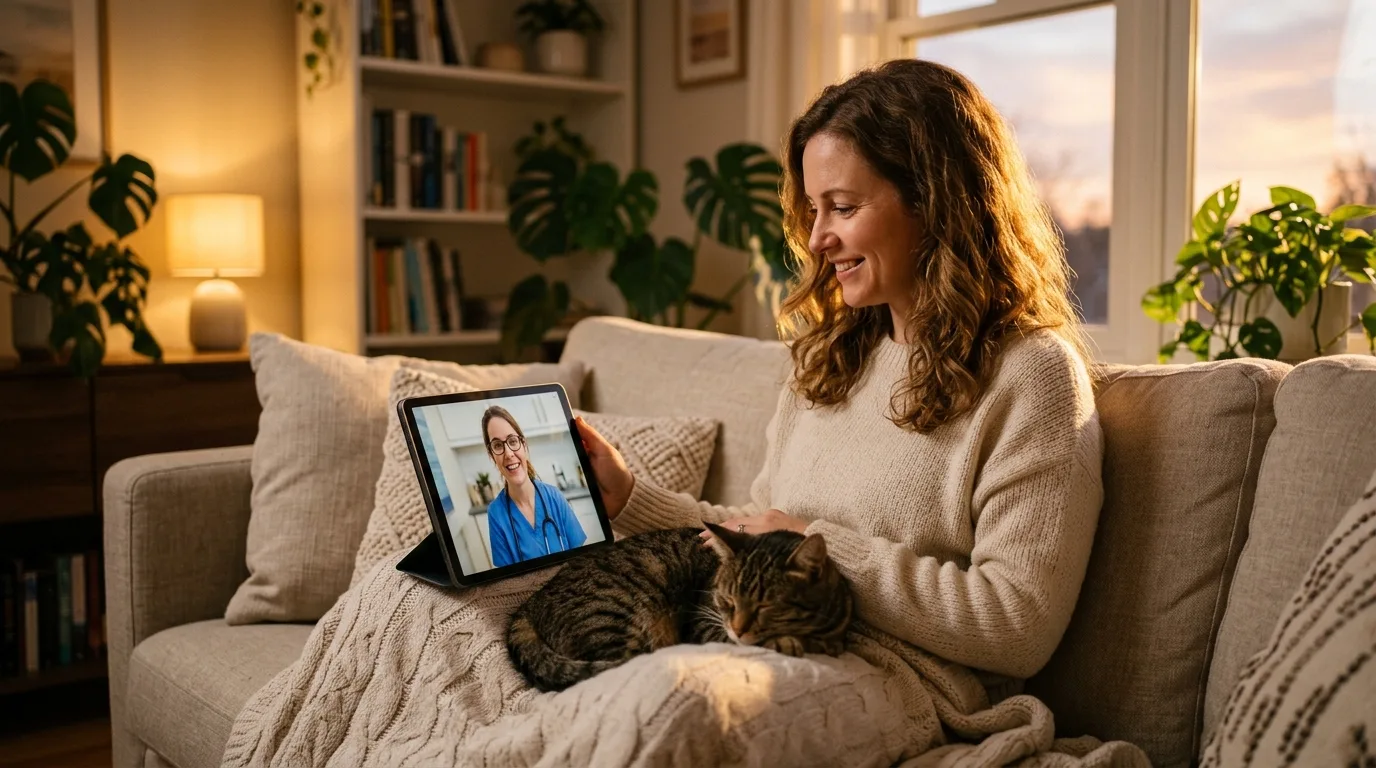Halterin spricht per Videoanruf mit einer Tierärztin, Katze auf dem Schoß