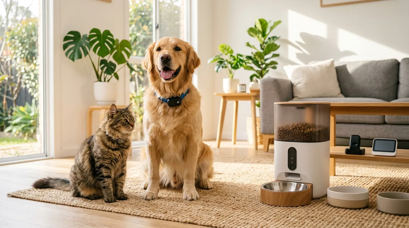 Hund und Katze sitzen gemeinsam neben smarten Haustier-Gadgets in modernem Zuhause
