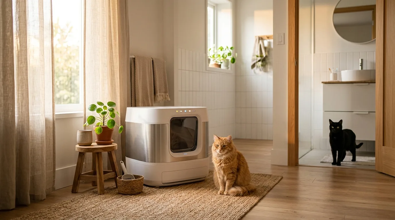 Katze neben einer selbstreinigenden Katzentoilette in einem hellen Badezimmer