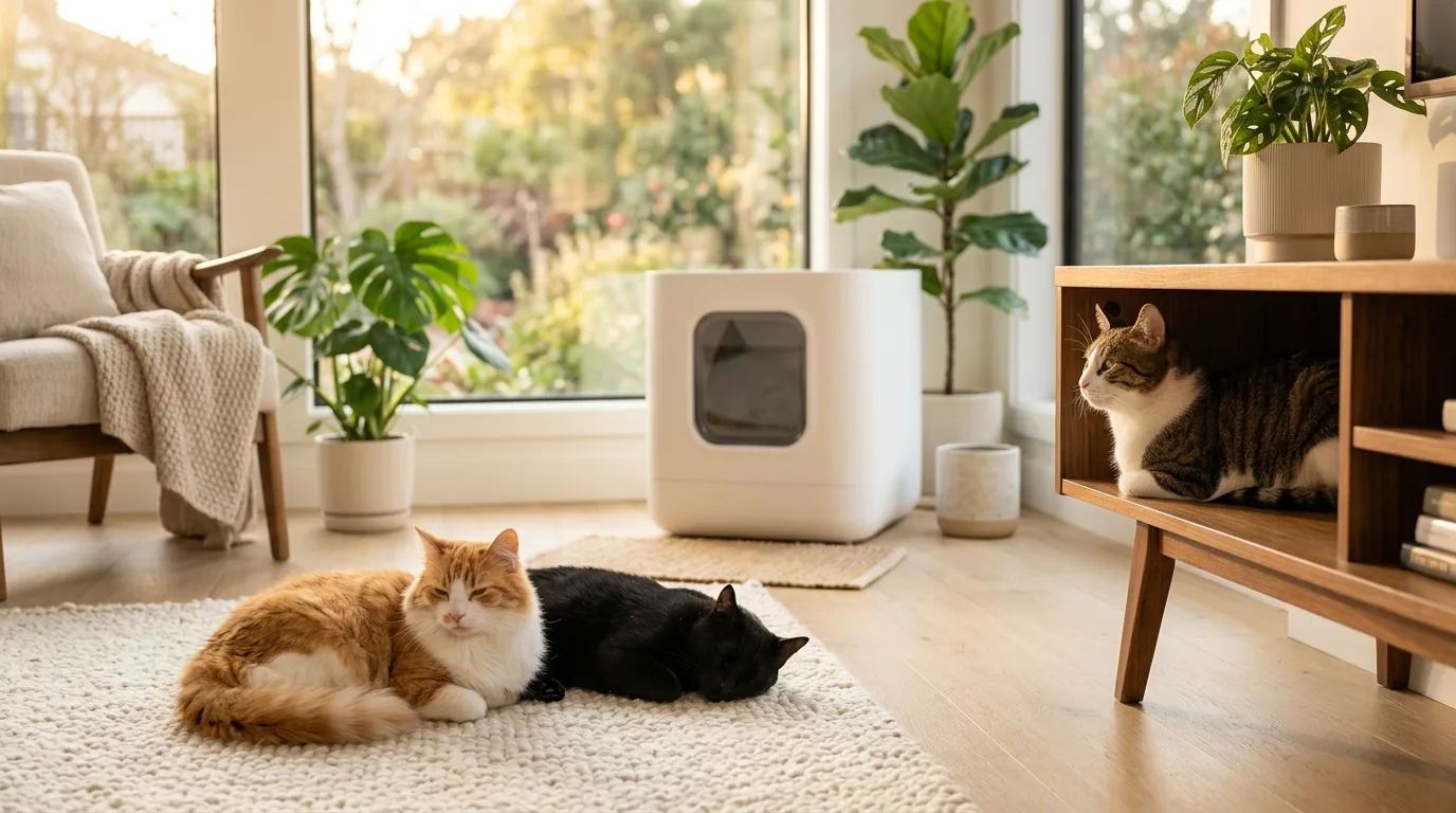 Drei Katzen in einer hellen Wohnung neben einer selbstreinigenden Katzentoilette