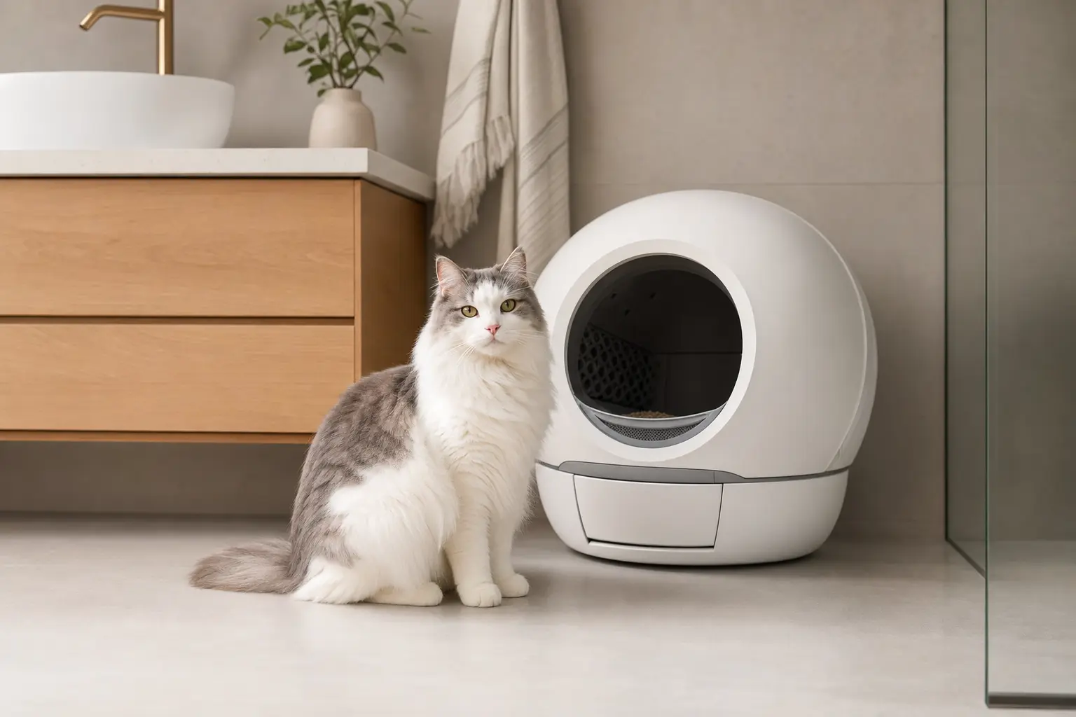 Elegante Katze sitzt neben einer runden selbstreinigenden Katzentoilette in modernem Badezimmer