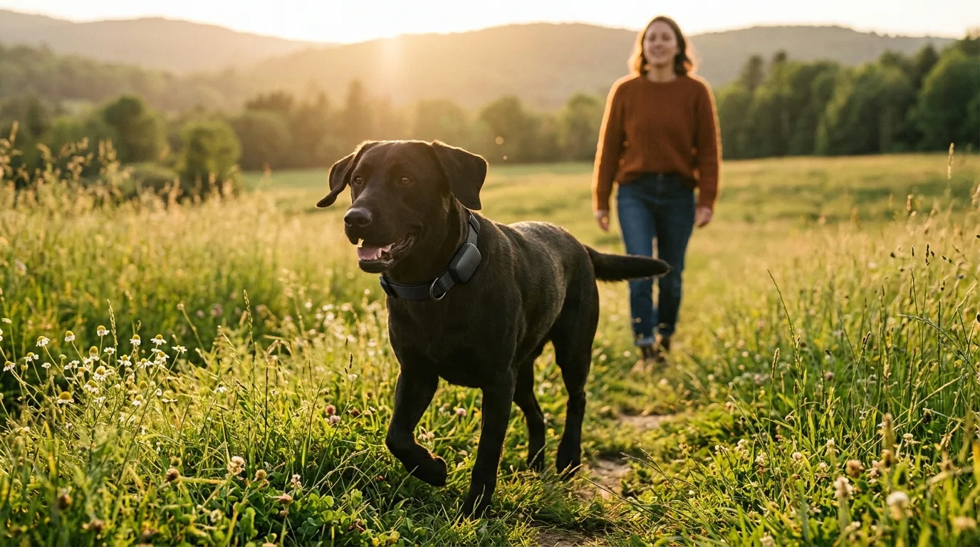 Schwarzer Labrador trägt smartes GPS-Halsband mit Aktivitätstracker während eines Spaziergangs