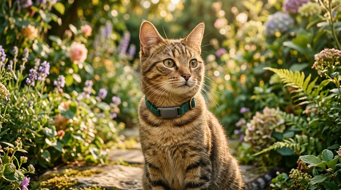 Tabby-Katze mit Smart Collar im Garten, Nahaufnahme des Halsbands mit GPS-Modul