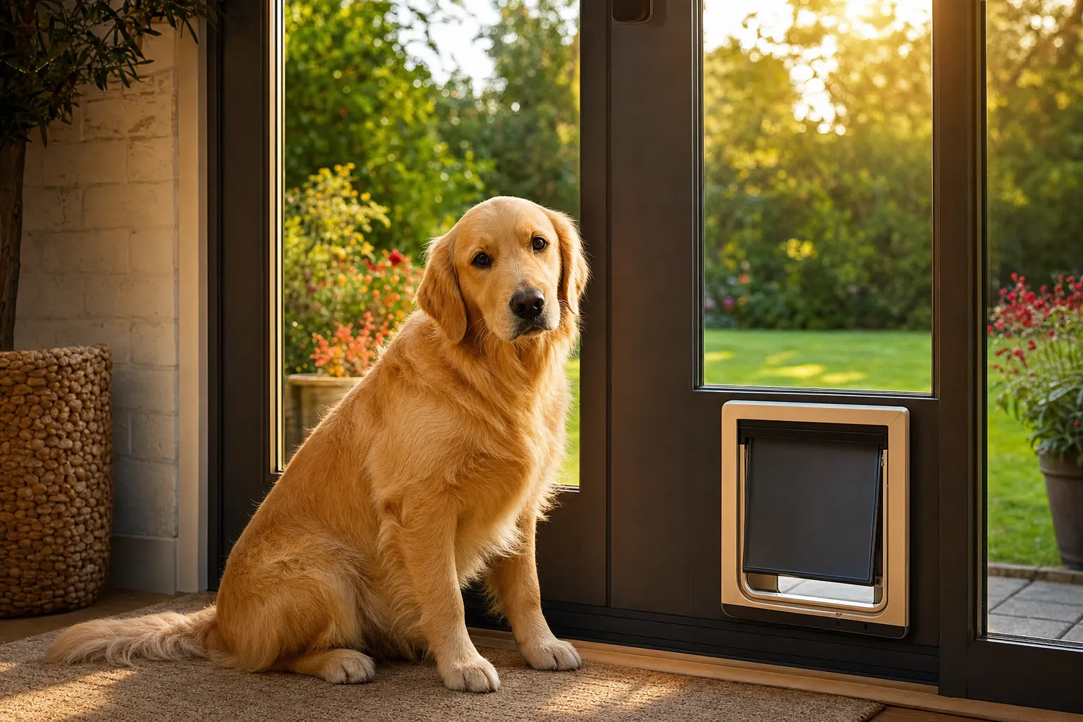 Golden Retriever sitzt erwartungsvoll neben einer modernen Chip-Hundeklappe im Garten