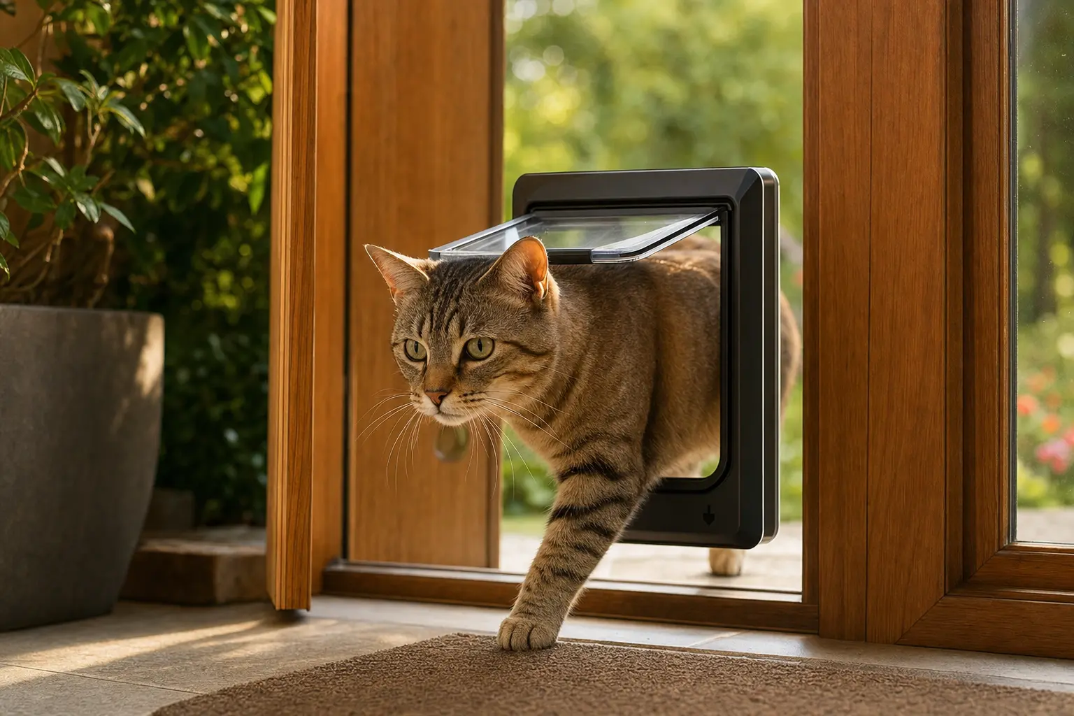 Elegante Katze geht durch eine moderne Mikrochip-Katzenklappe, Garten im Hintergrund