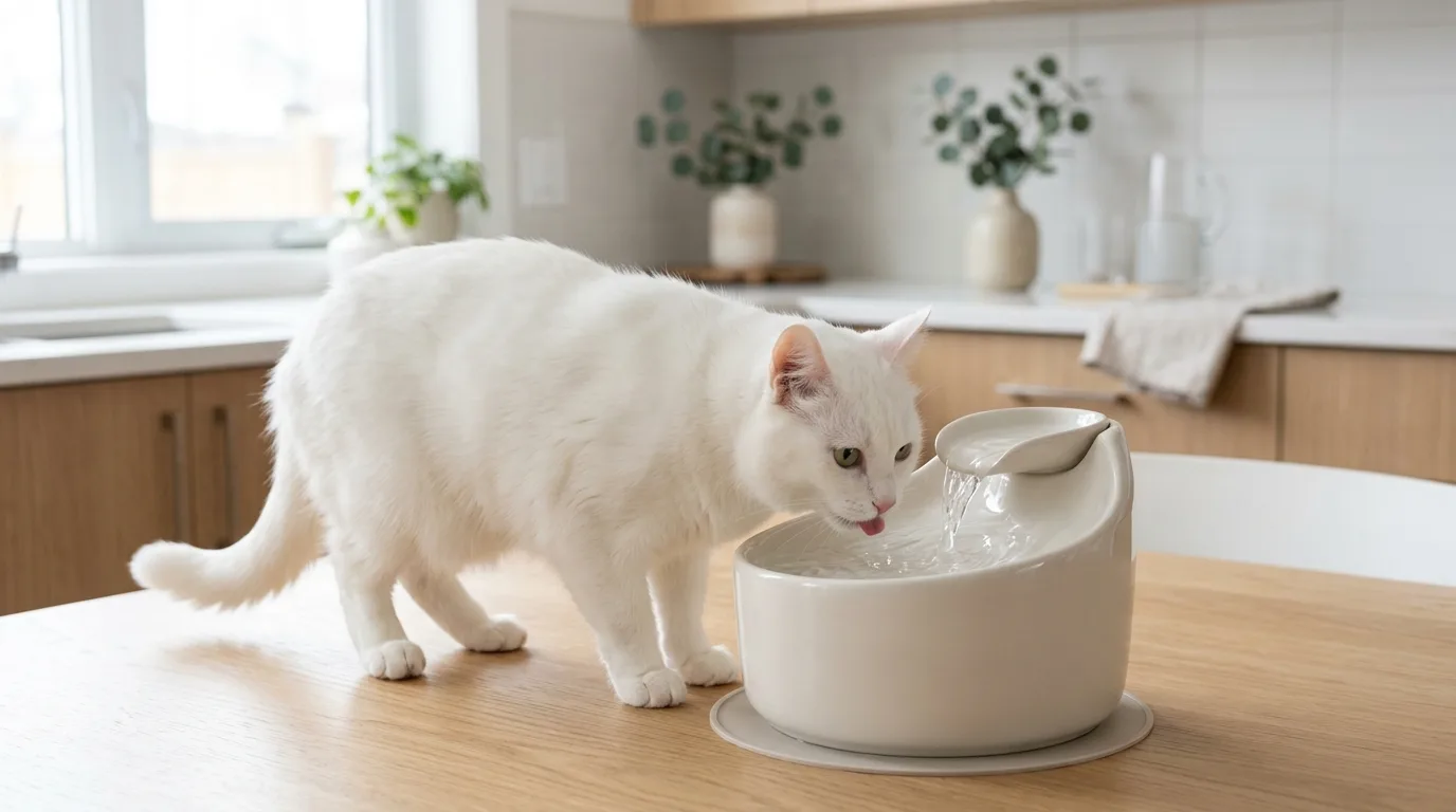 Elegante weiße Katze trinkt aus einem modernen smarten Haustierwasserspender