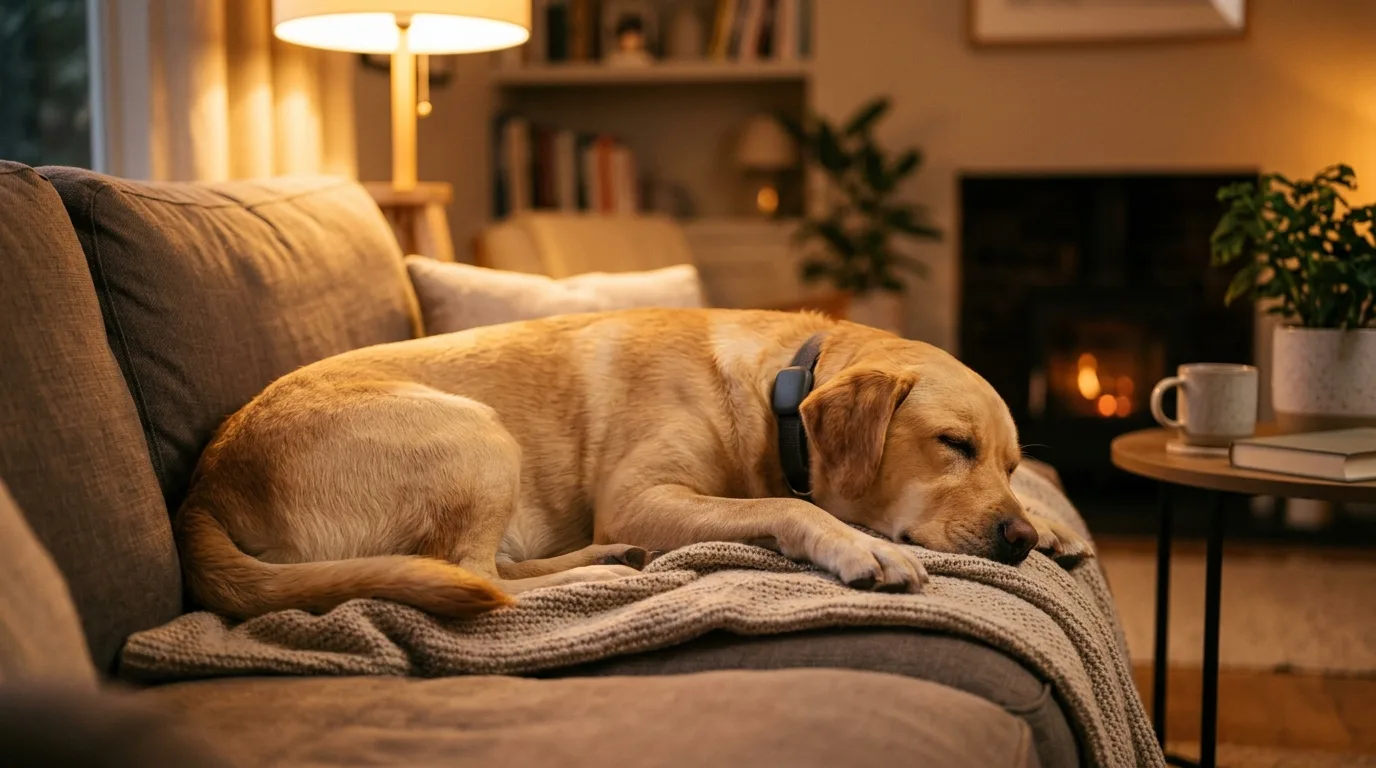 Labrador liegt ruhig auf einem Sofa mit Tracker-Halsband, entspannte Haltung in warmem Wohnzimmerlicht