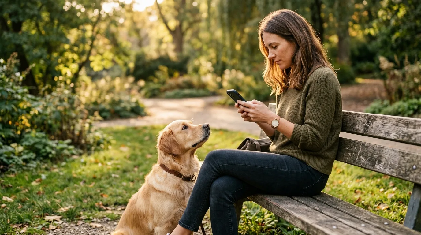 Hundehalterin schaut auf einer Parkbank in eine Gesundheits-App, ihr Hund sitzt daneben