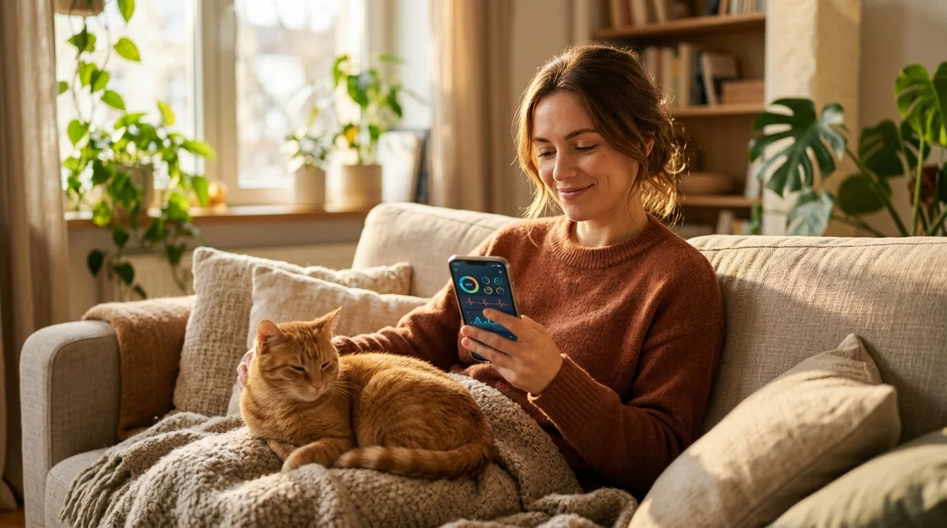 Katzenhalter schaut auf Smartphone mit geöffneter Tiergesundheits-App, Katze sitzt daneben
